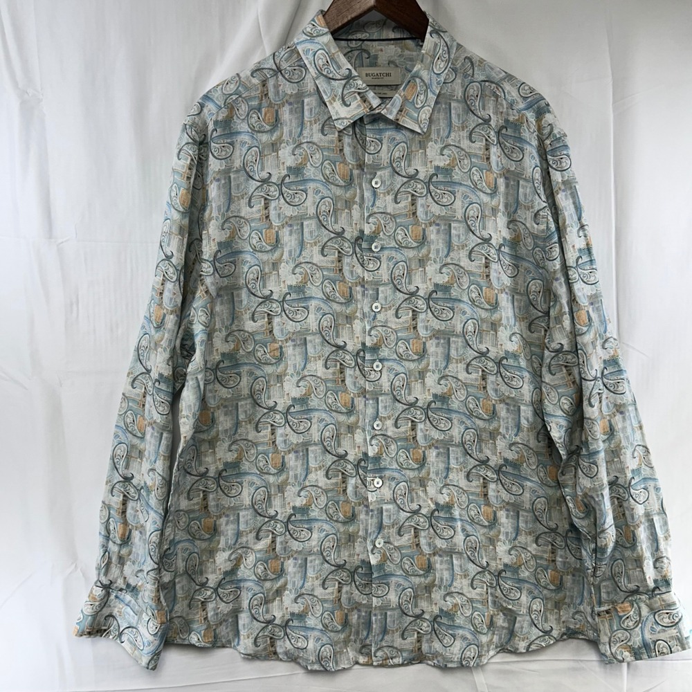 Bugatchi Button Up Shirt Mens XL Blue Tan Paisley Shaped Fit Linen
